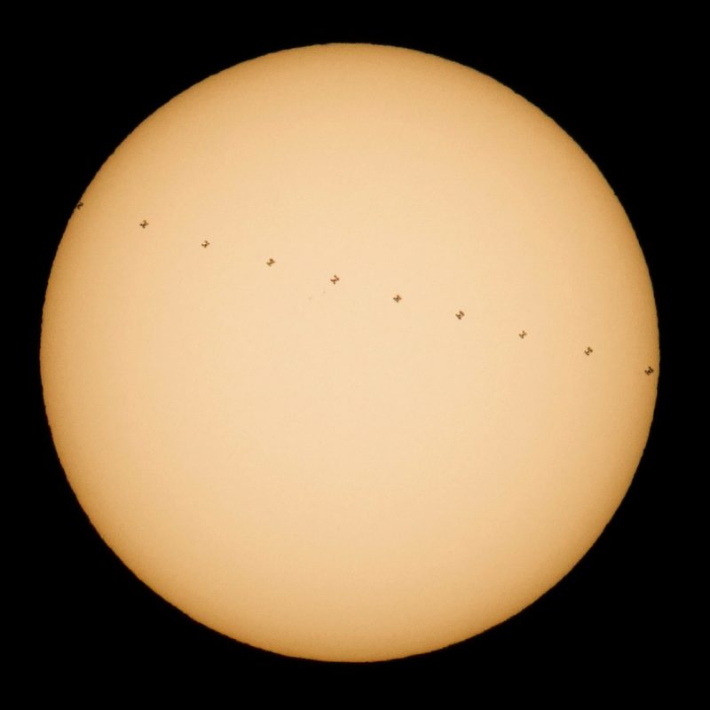 This composite image, made from ten frames, shows the International Space Station, with a crew of six onboard, in silhouette as it transits the sun at roughly five miles per second, Saturday, Dec. 17, 2016, from Newbury Park, California. Onboard as part of Expedition 50 are: NASA astronauts Shane Kimbrough and Peggy Whitson: Russian cosmonauts Andrey Borisenko, Sergey Ryzhikov, and Oleg Novitskiy: and ESA (European Space Agency) astronaut Thomas Pesquet. Photo Credit: (NASA/Joel Kowsky)