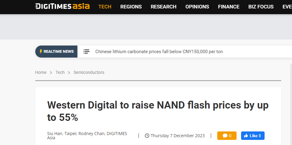 涨价信！西部数据通知客户NAND涨幅将达55%！