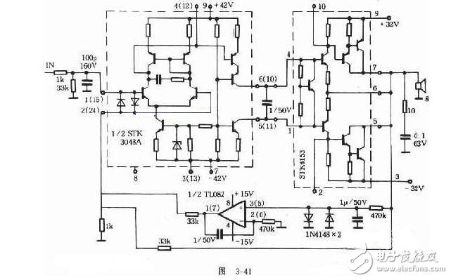 uPC1225H是NEC推出的50W音响驱动电路，芯片内部设置有完善的保护环节，外围电路虽然略微复杂了一些，但uPC1225H的输出电压偏差只有±5mV，极宽的功率频带与极高的转换速率使之比LM3886等集成功放的音色温暖，柔和且更加耐听。