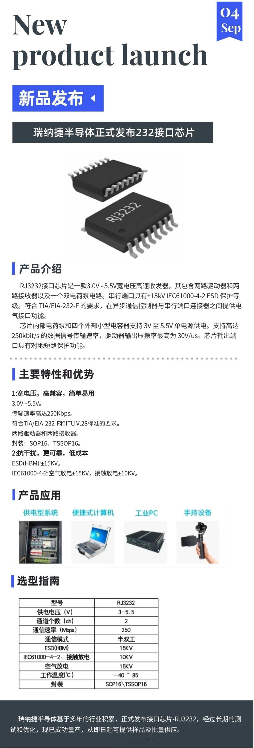 瑞纳捷半导体正式发布232接口芯片