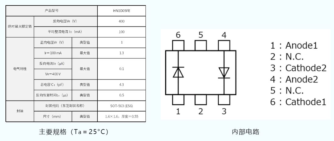 东芝推出400 V耐压小型开关二极管HN1D05FE